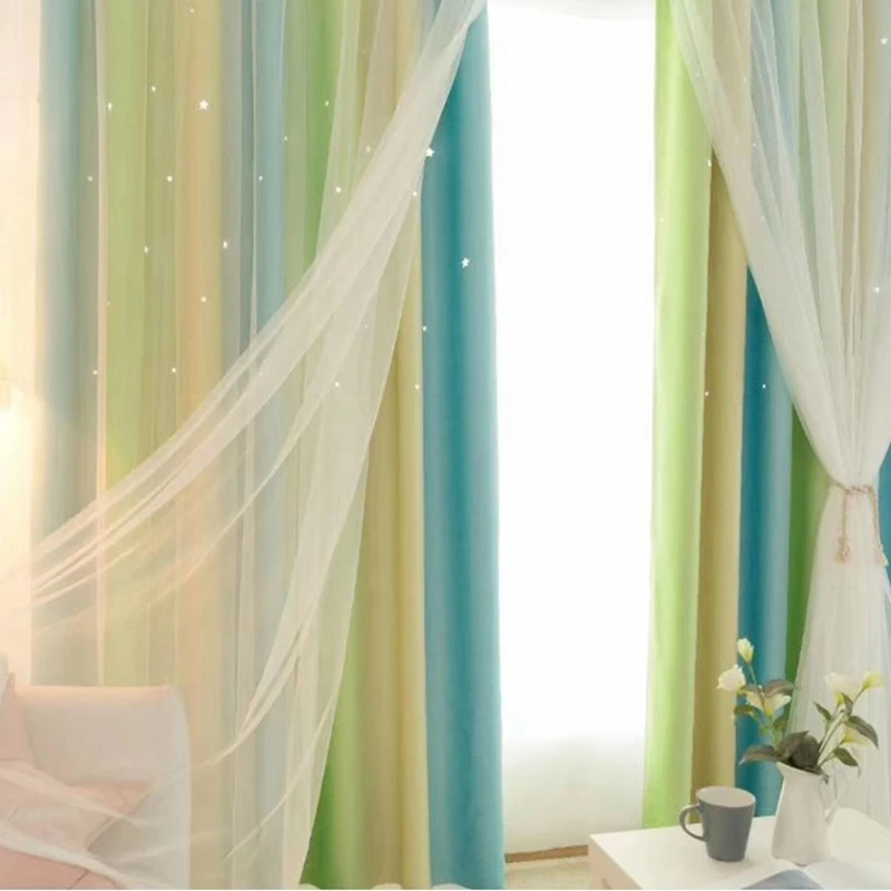 Двухслойное затенение окна занавески марлевые тюль занавес выдолбленные звезды