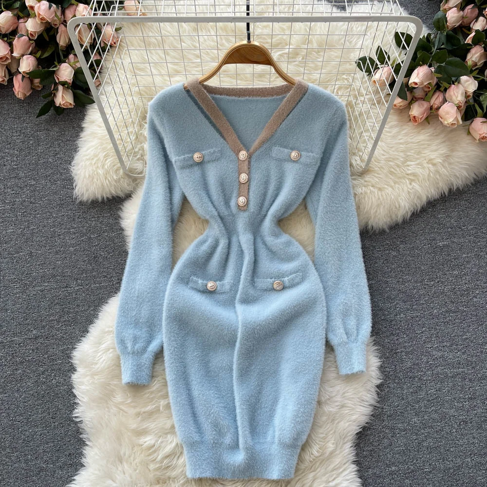 

Женское трикотажное флисовое платье с длинным рукавом и V-образным вырезом