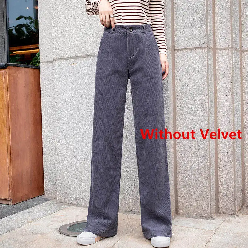 gray without velvet Бархатные осенние зимние штаны, вельветовые широкие брюки, женские брюки, повседневные брюки с высокой талией, длинные женские брюки C6020 - Цвет: gray without velvet