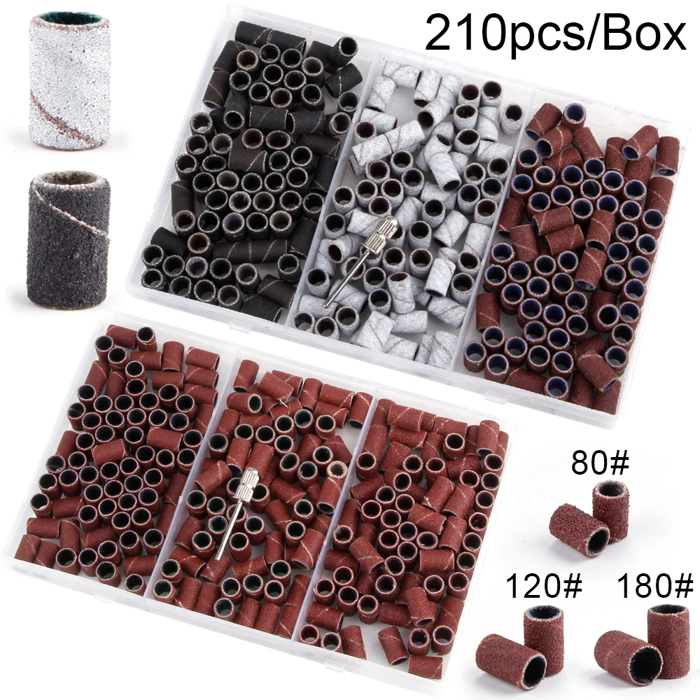 

210Pcs/Box Nail Sanding Cap Bands 80# 120# 180# Nail Drill Bits UV Gel Remover Acrylic Polish Electric Manicure Drill Accessory
