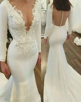 sexy deep v neck satin arabic mermaid wedding dress long sleeve button applique bridal dress plus size middle east wedding gown