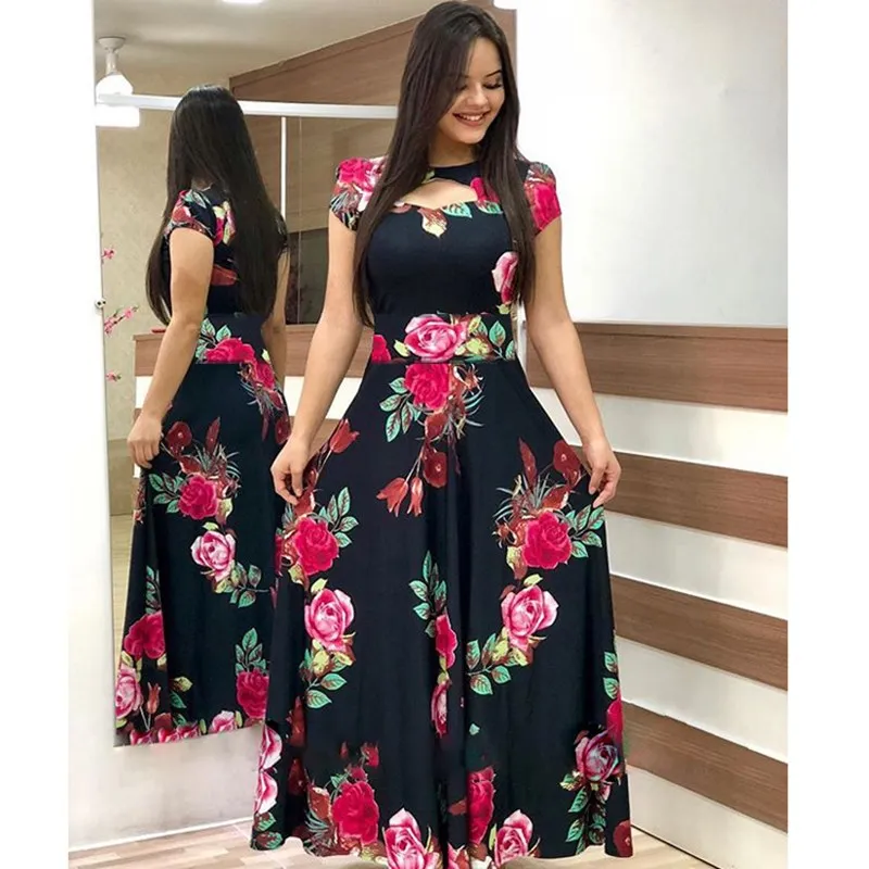 

2020 Summer Long Dress Floral Flower Print Boho Beach Short Sleeve Tunic Elegant Party Dress Vestidos De Festa Sundress 4XL 5XL