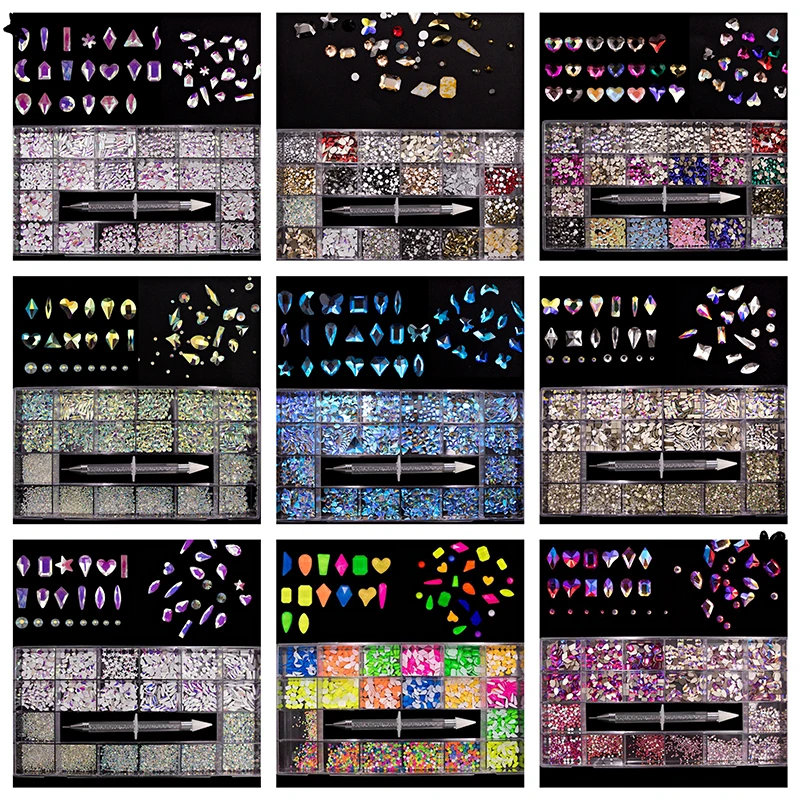 

2000PC/Box 20 Shape (Each 100pcs) Top CRYSTAL AB Shaped Small Flatback Nail Art Rhinestone With 1PC PEN Pick Up Rhinestone CZBW5