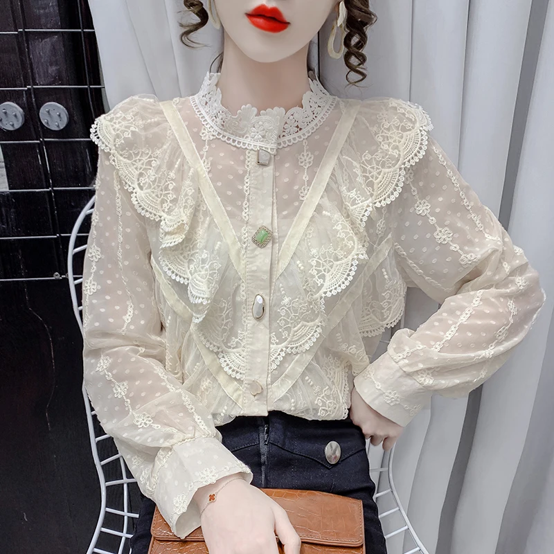 

Новые осенние женские блузки рубашка с воротником в виде листьев лотоса Топ с длинным рукавом сплошные швы блузка для девушек кружевные пов...