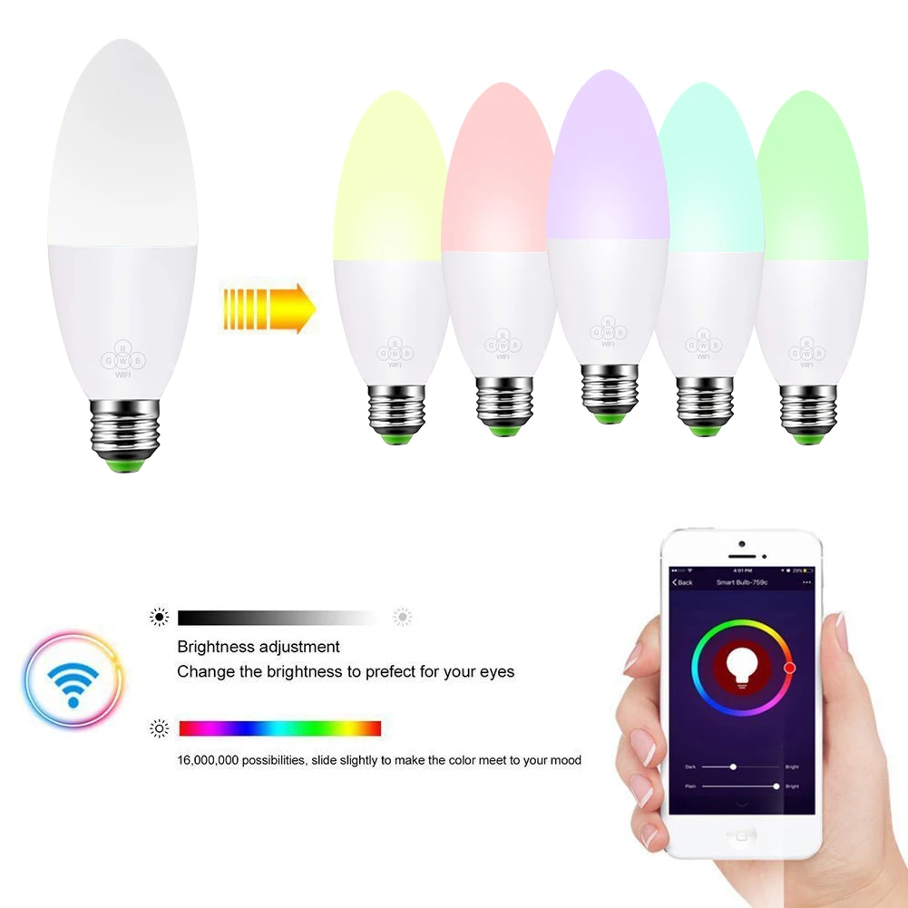 E14/E10/E27/B22 WiFi умный светодиодный светильник 6 Вт RGBW диммируемая Свеча лампа голосовое дистанционное управление приложение работа с Alexa Google Home