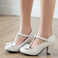 agodor t strap women shoes high heels pumps round toe block heel bow pumps buckle strap shoes woman big size white pink black