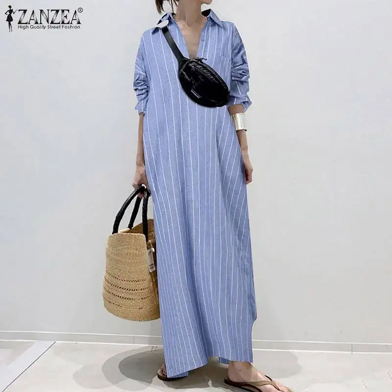 

Элегантное женское офисное платье ZANZEA, кафтан, халат, женский полосатый сарафан с длинным рукавом, Осеннее мешковатое Повседневное платье-р...