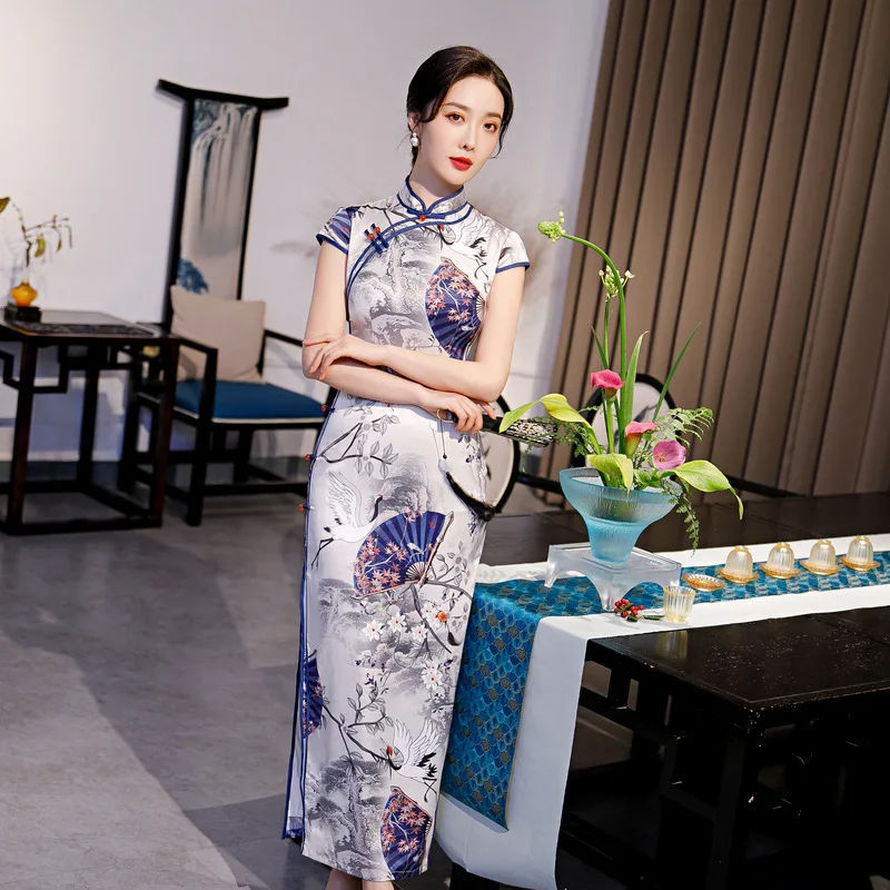 

Lady Print Crane Qipao Sexy Satin Mandarin Collar Cheongsam Slim Vintage Button Banquet Dress Gown Long Vestidos Bigsize 3xl 4xl