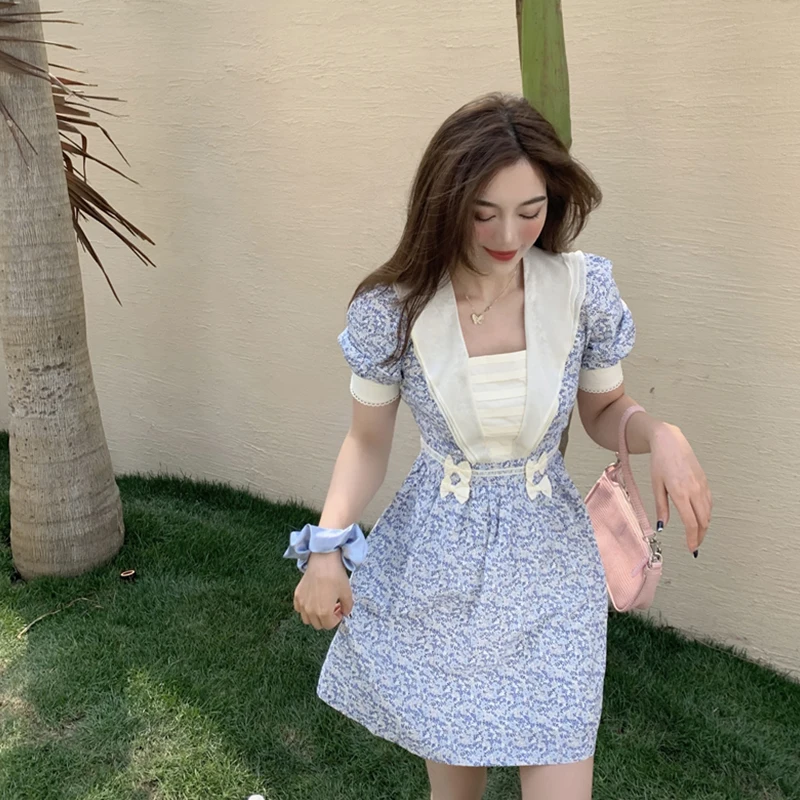 

Summer Beach Floral Print Puff Short Sleeve 2021 New Women Dress French Elegant Blue Dresses Ruffles Sweet Wear Boho Dress
