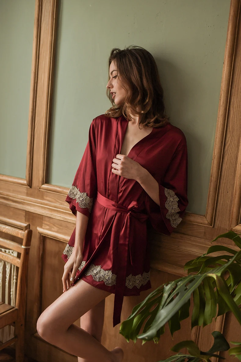 Yhotmeng sexy straps large size tie with long sleeves silk robes for women bath robe bridesmaid robes