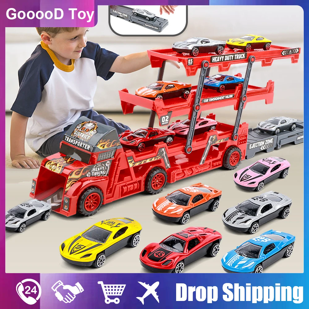 7Pcs Car Model Set Transport Car Large Truck Vehicles Trailer Three-Layer Folding Ejection Railcar Boy's Catapult Rail Toys Boys