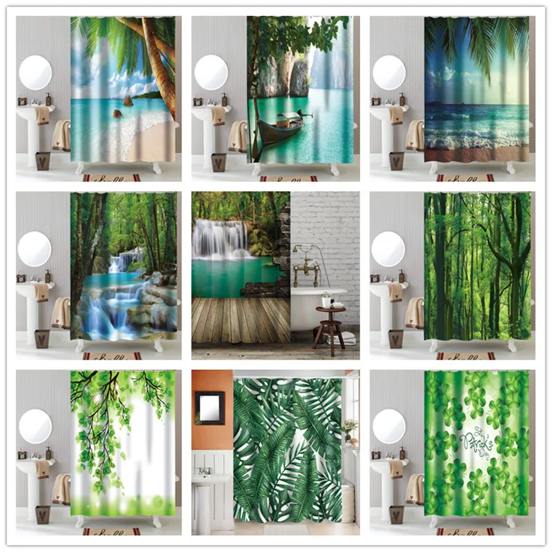 Натуральный пейзаж занавески для душа с зеленым растением водонепроницаемый