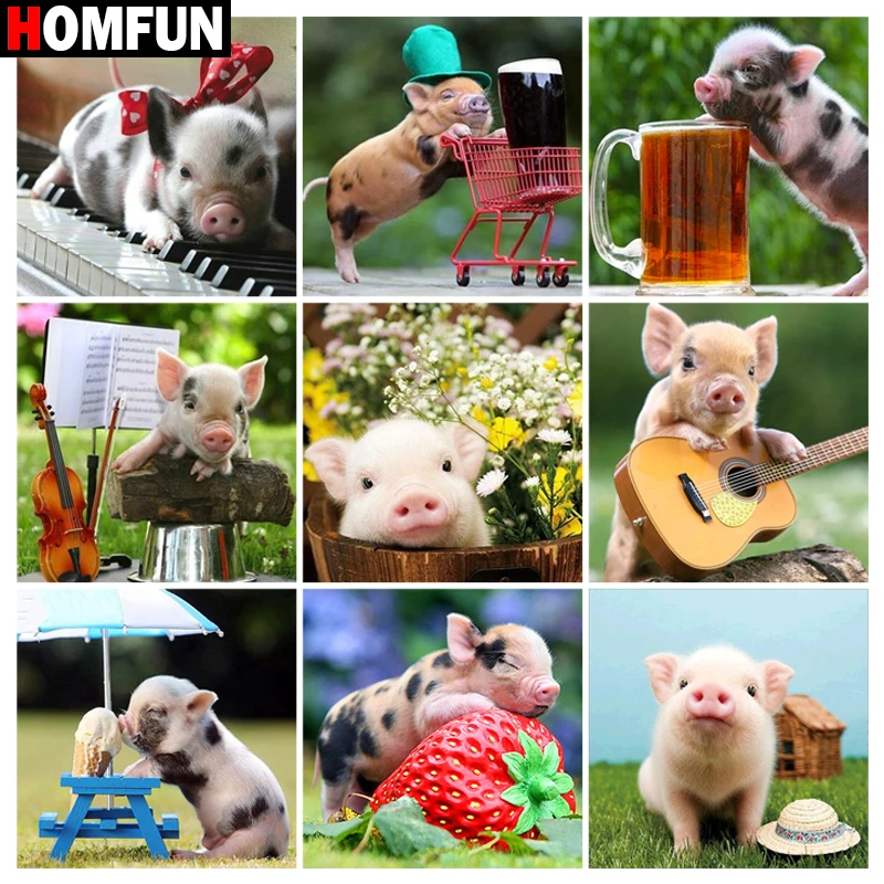 

HOMFUN Full Square/Round Drill 5D DIY Diamond Painting "Pig strawberry animal" 3D Embroidery Cross Stitch 5D Home Decor Gift