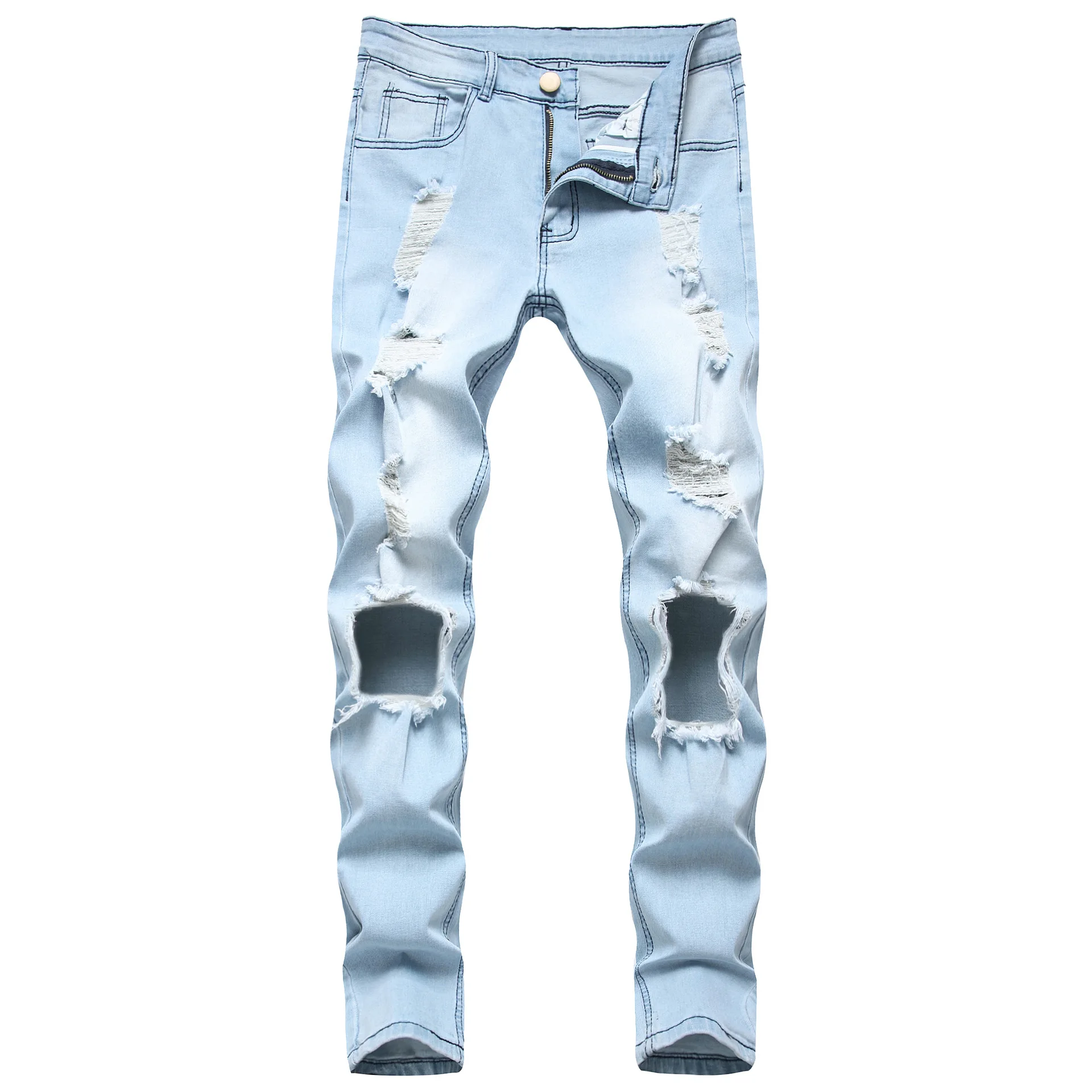 

New men's male trousers European American new style ripped denim elastic foot zipper fashion light blue fashion pants