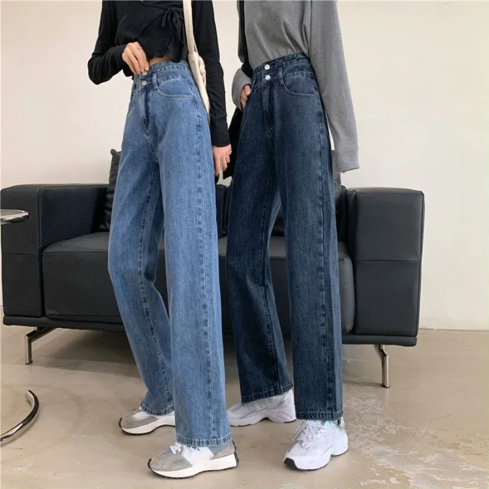 

Women Winter Autumn Solid High Waist Straight Jeans Pants Girls Female Loose Wide legs