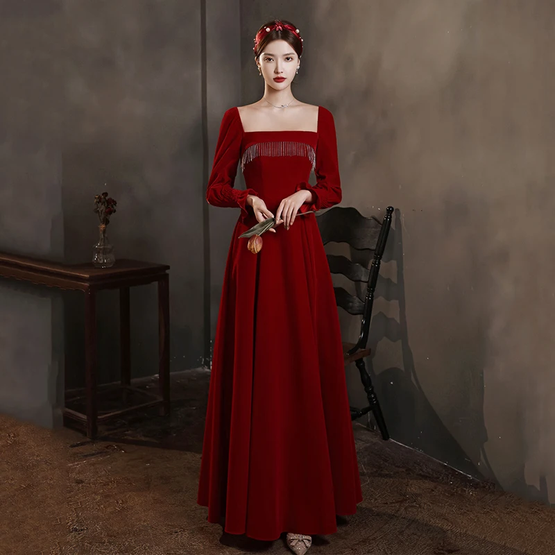 

New Burgundy Beading Square Collar Evening Dress Elegant Full Sleeves Simple A-Line Floor-Length Woman Formal Party Gown A609
