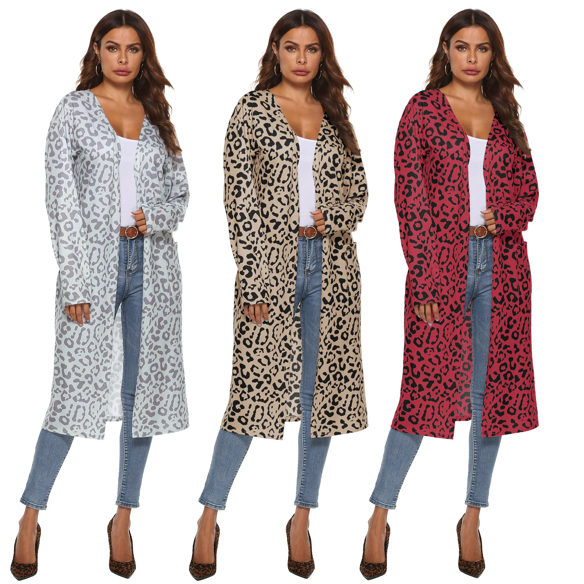 Осенне-зимняя одежда женский кардиган Леопардовый длинный свитер рукав Плюс