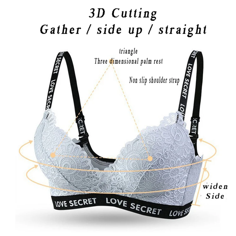 

Sexy Lady Lace Letter Shoulder Strap Bra Love's Secret Set Small Chest Gathered Seamless Rimless Lingerie Underwear Woman Bra