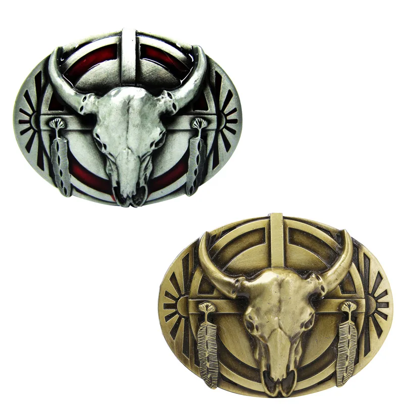 Ковбойский ремень в стиле вестерн металлический с пряжкой черепом Longhorn Buffalo