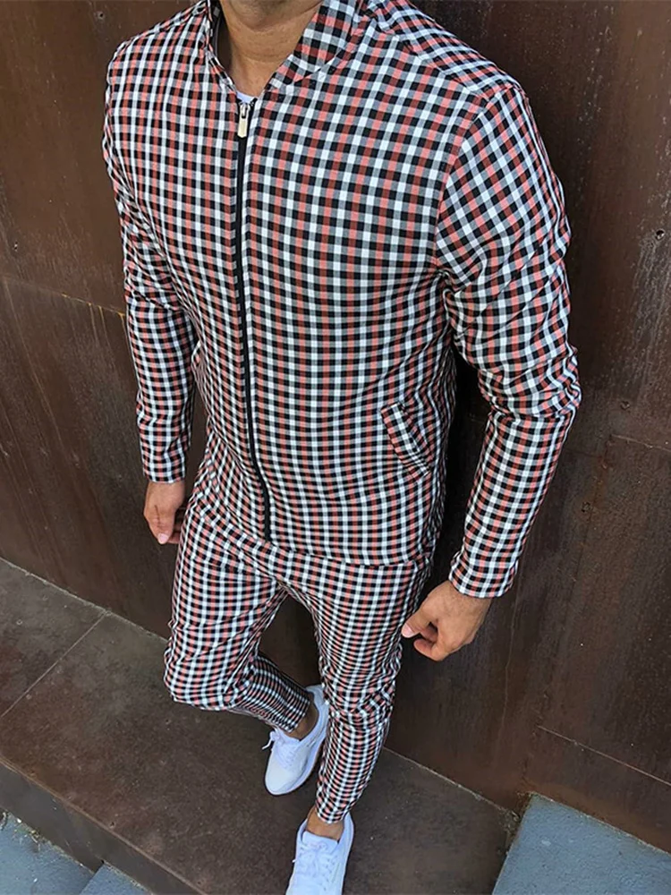 European American Men's Casual Sportswear Autumn New Stand-Up Collar Zip Cardigan Jacket+Fashion Trousers Grid Suits