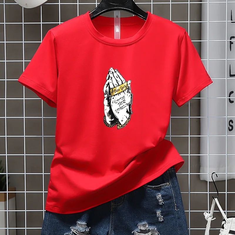 

Модные парные повседневные Летние Топы Harajuku, трендовые мужские и женские футболки с коротким рукавом, унисекс, колледж, молитва, мультяшный ...