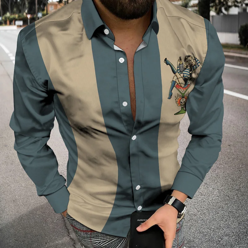 

2021 Autumn Fashion Striped Print Patchwork Shirts Men Casual Turn-down Collar Buttoned Long Sleeve Cardigan Tops Men Streetwear