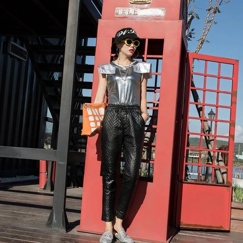 Модные Плотные клетчатые женские брюки-карандаш из натуральной кожи с завязками