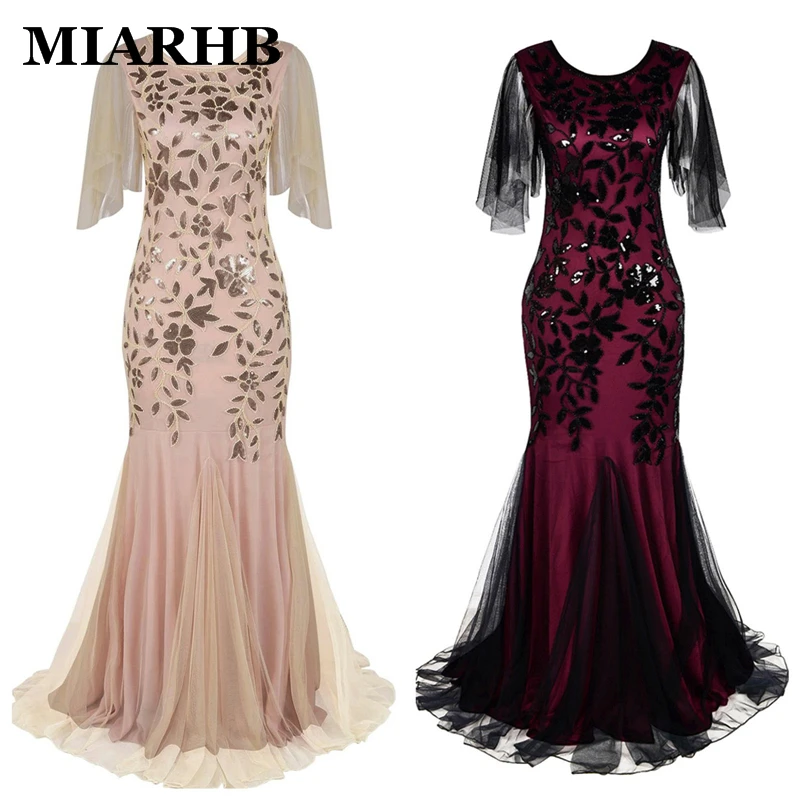 

Women's 1920s Maxi Long Gowns Sequin Mermaid Hem Party Dress with Sleeves Round Neck Mermaid Party Party Dress A20