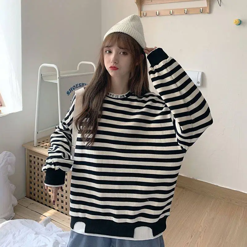

Женские толстовки, Осенние Пуловеры с круглым вырезом, Корейская одежда, хлопковый тонкий свитшот в полоску, Повседневная Толстовка большо...