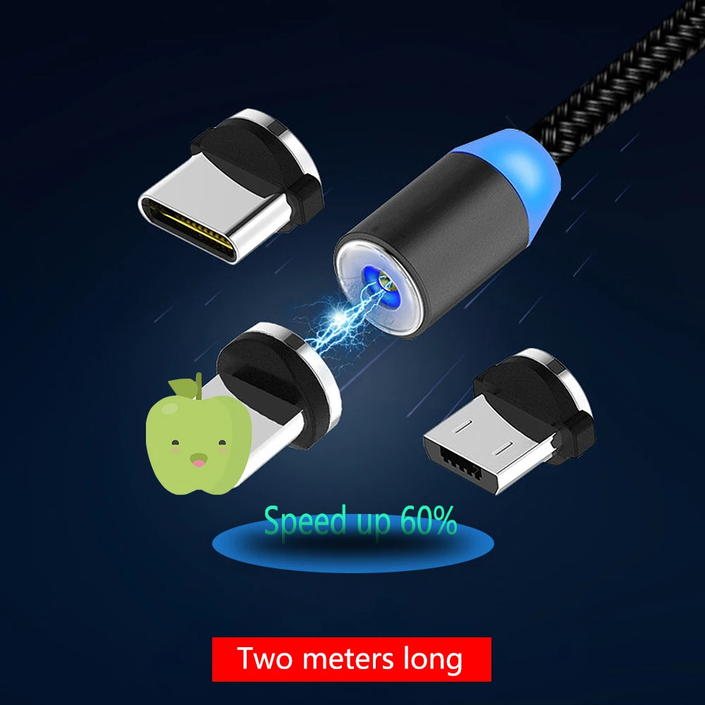 FBYEG Магнитный светодиодный кабель Micro usb type C телефонный кабель для iphone X Xr Max Xs 1 м 2 м 2A Быстрая зарядка Магнитный зарядный кабель