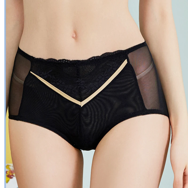 

Sexy Women Lace Panties Ladies Plus Size Underwear Breathable Mesh Mid Waist Briefs Female Black Underpants Shorts L XL XXL XXXL