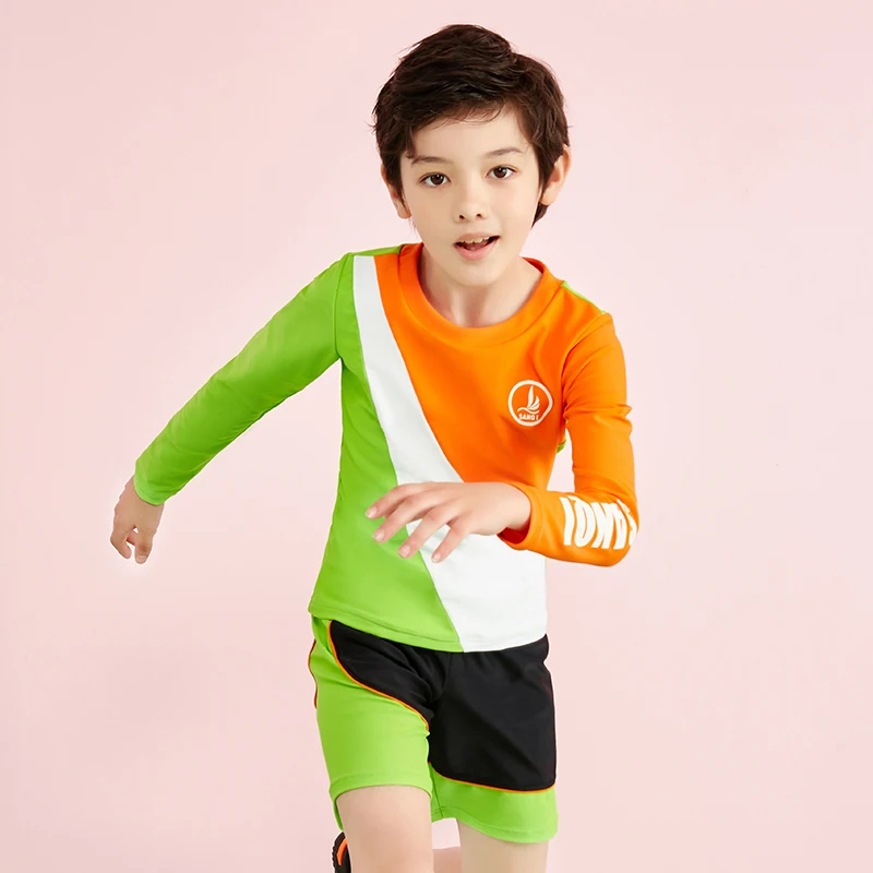 

Boys Patchwork Swimsuit 2 Pieces Swimwear Kids Long Sleeve Beach Children Bathing Suit With Cap High Neck Shorts