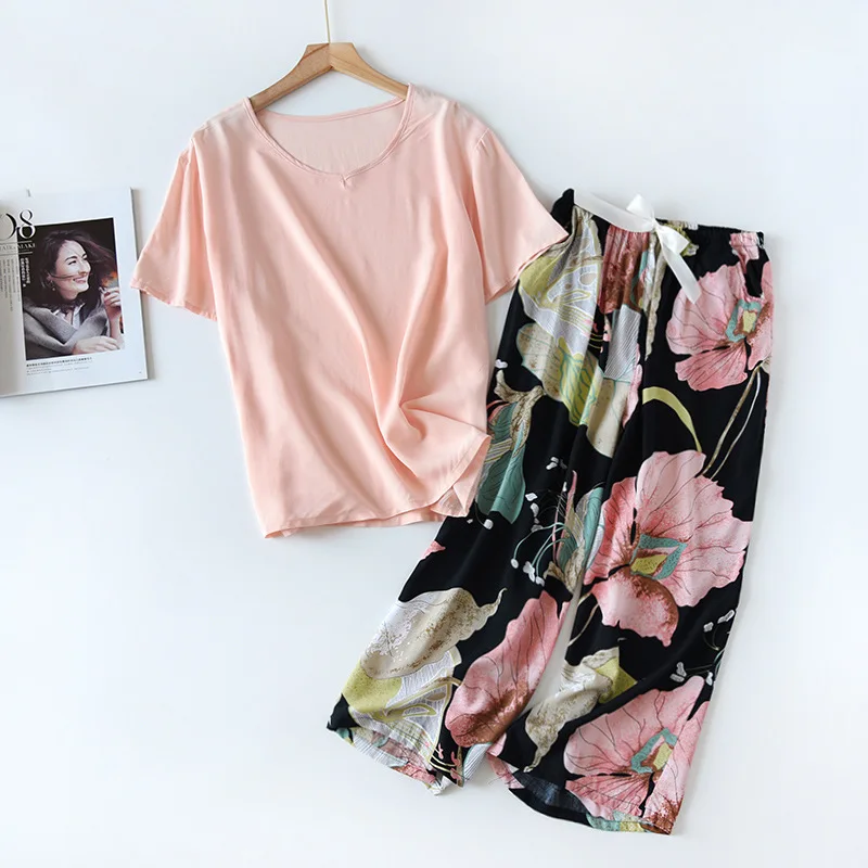 

Women's Pajamas Set Very Breathable Sleepwear Floral Print Ice Feeling Viscose Home Suit for Summer