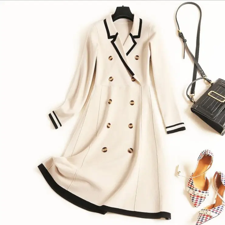 

European Autumn 2021 new and American women's wear Long sleeve lapel double-breasted Fashion knitting dress