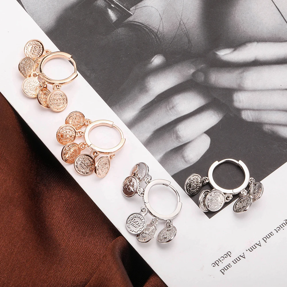 Trendy Queen Engraved Hoop Earrings For Women Rose Gold Stainless Steel Round Coin Drop Fashion Jewelry Accessories | Украшения и