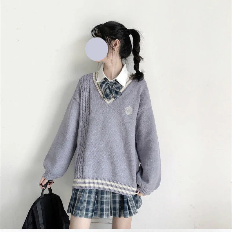 Sweet JK Uniform Pullover Sweater Korean V-neck Female Student Loose Outwear Japanese School College Style | Тематическая одежда и