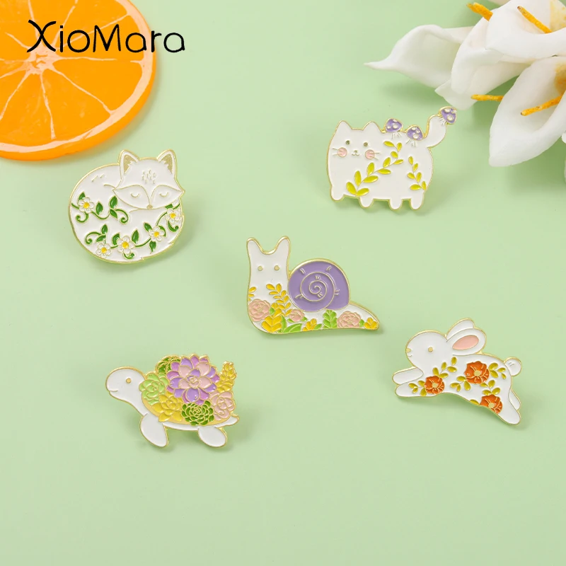 

Animal Plant Flower Enamel Pins Tortoise Fox Snail Cat Rabbit Custom Alloy Brooches Bag Backpack Badge Jewelry Gift for Friend