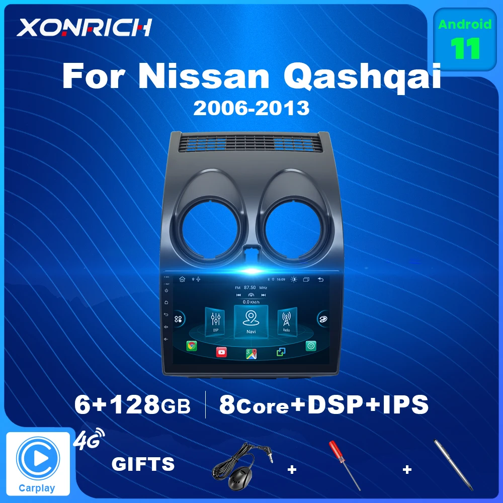

Автомобильный мультимедийный плеер Carplay 6 ГБ 128 ГБ Android 11 для Nissan Qashqai J10 2006 2007 2008 2009 -2013 2 Din радио AI Голосовое управление DVD