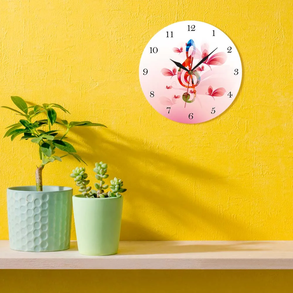 Colorful Music Note with Butterflies Floral Wall Clock Treble Clef Musical Printed Round Studio Art | Дом и сад