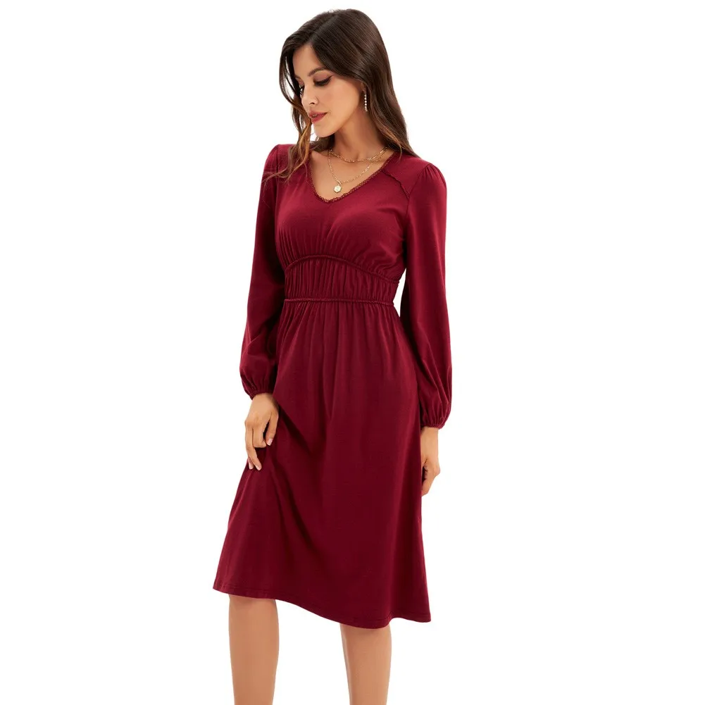 

Grace Karin Women's Elastic Waist Dress Casual Long Sleeve V-Neck A-Line Dress Long Sleeve With Elastic Openings A-Line Dresses