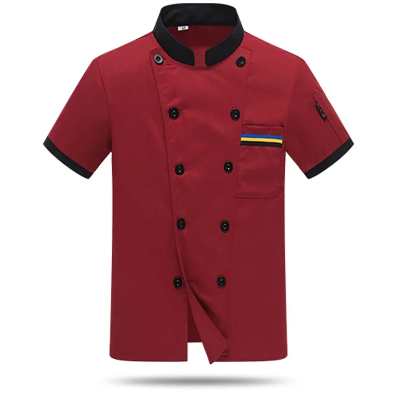 Red short sleeve На заказ, мужская униформа шеф-повара, рубашка, печать логотипа, высокое качество,, мясник, хлебобулочная, еда, обслуживание, верхняя одежда - Цвет: Red short sleeve
