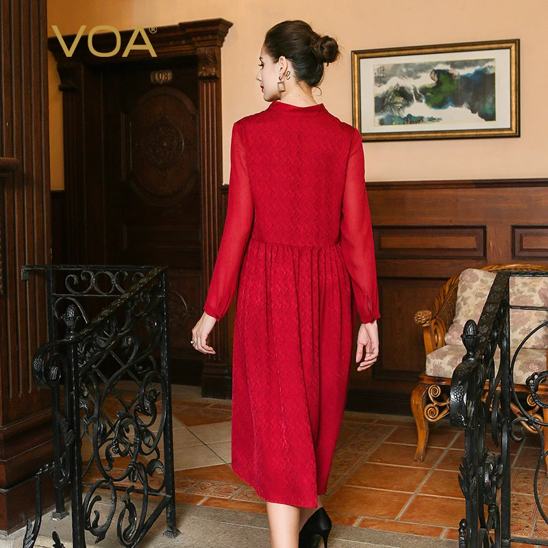 VOA Новое китайское красное шелковое жаккардовое простое платье рубашка женские