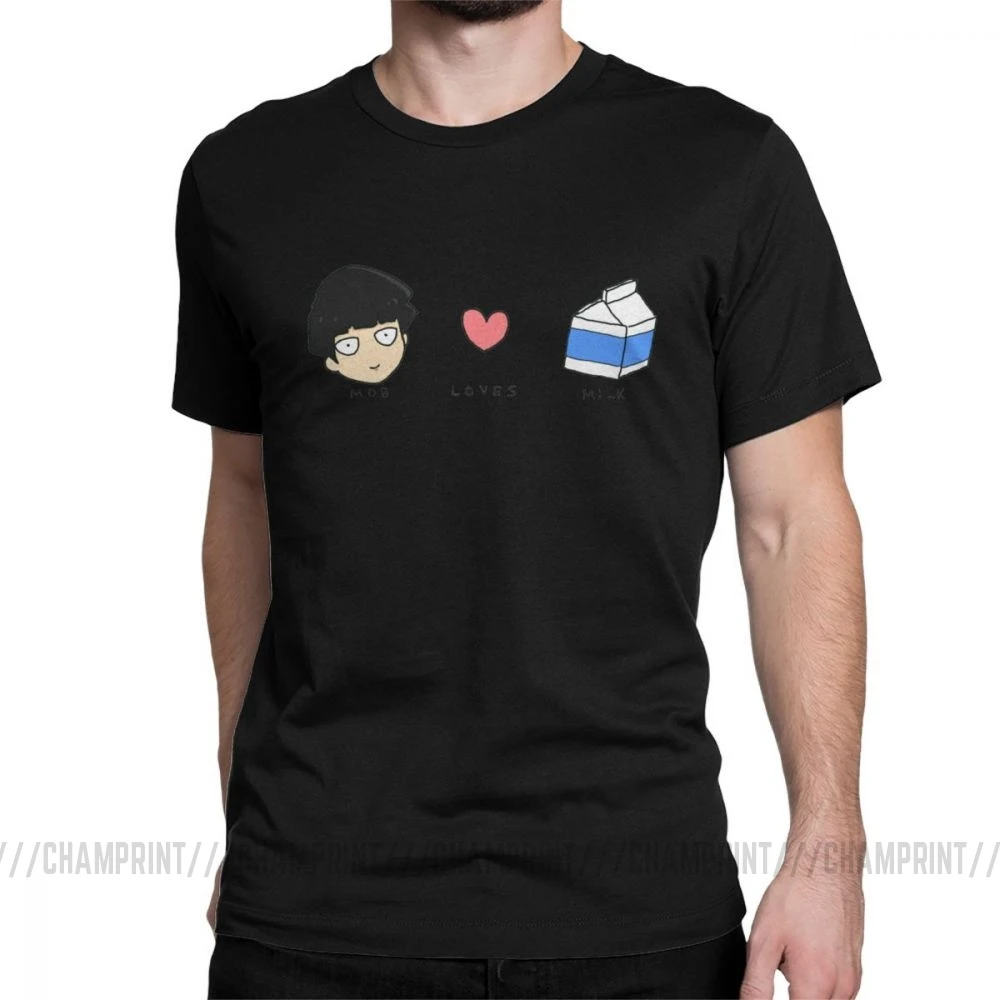 Mob Loves Milk Mob Psycho 100 футболки мужские хлопковые новые футболки с круглым вырезом футболка с коротким рукавом Одежда с принтом - Цвет: Черный
