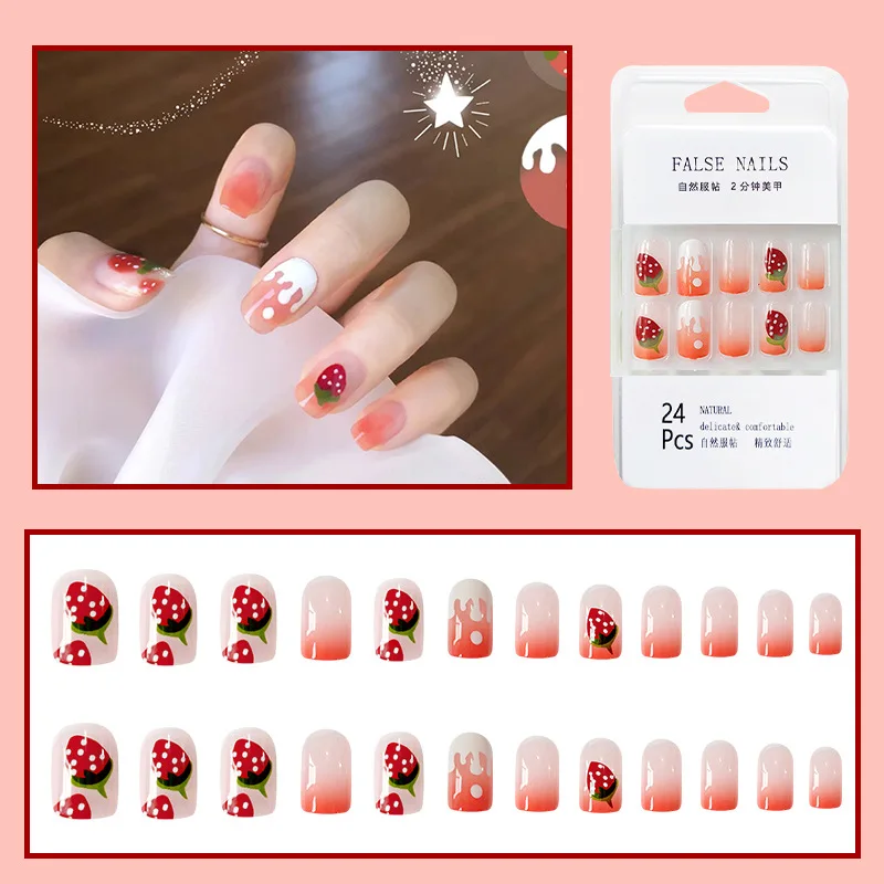 24 шт. накладные ногти с клеем дизайном полное покрытие ногтей клубничный крем
