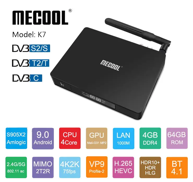 Mecool K7 DVB S2/S T2/T C ТВ приставка 4G RAM 64G ROM Android 9 0 Amlogic S905X2 четырехъядерный 2 4G/5G WIFI BT HDMI RJ45