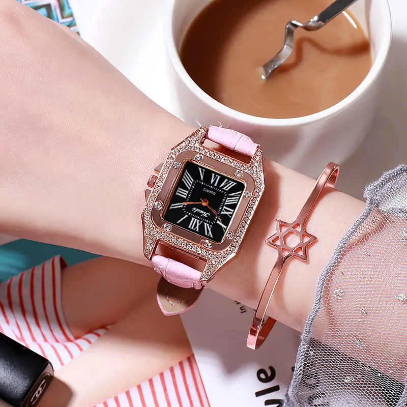 Роскошные наручные часы с кожаным ремешком для женщин модные квадратные маленьким циферблатом кварцевые