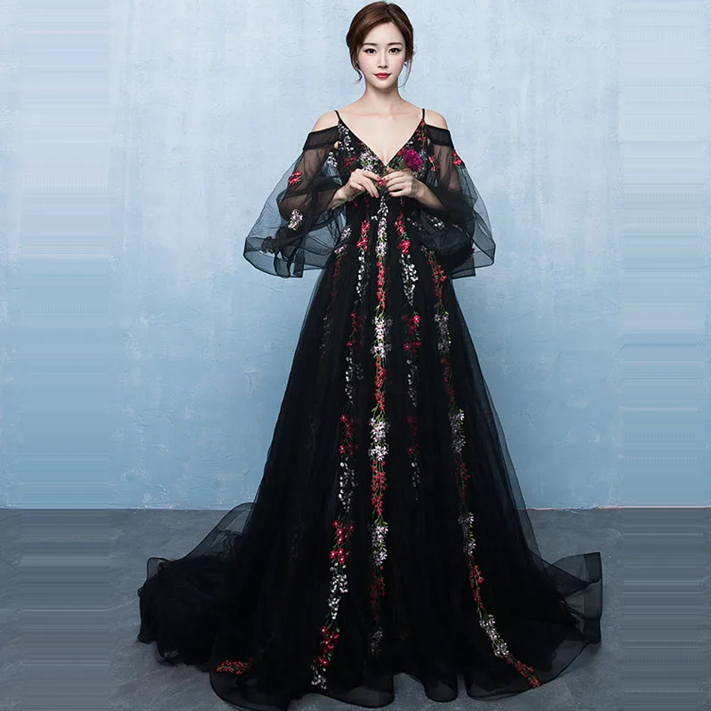 Женское вечернее платье с вышивкой V образным вырезом и длинным рукавом|Вечерние