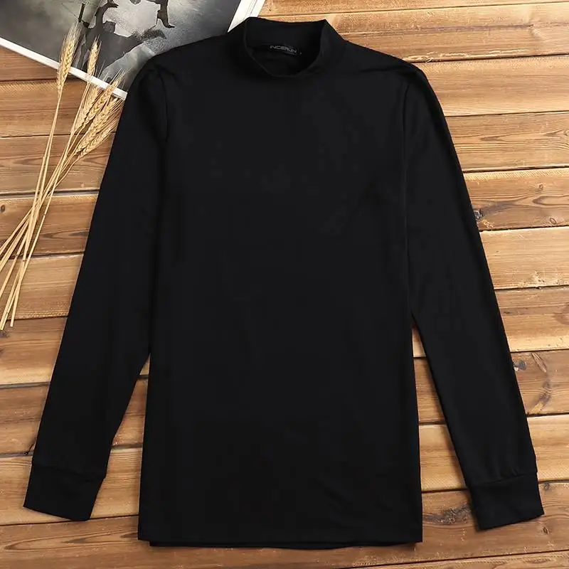 INCERUN Basic Loungewear термобелье, топы, теплые, мужское новое нижнее белье с длинным рукавом, водолазка, однотонная, облегающая футболка S-5XL - Цвет: Black