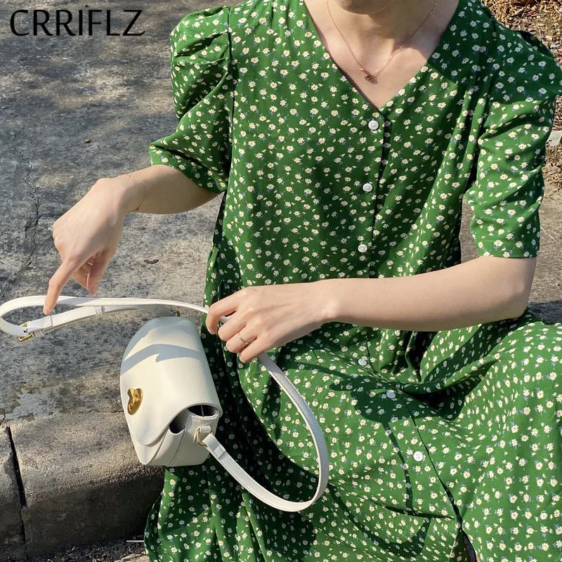 Женское шифоновое платье CRRIFLZ винтажное средней длины с пышными рукавами