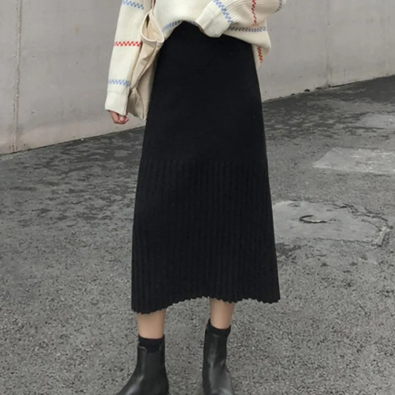 

Настоящая осенне-зимняя трикотажная юбка с высокой талией в Корейском стиле